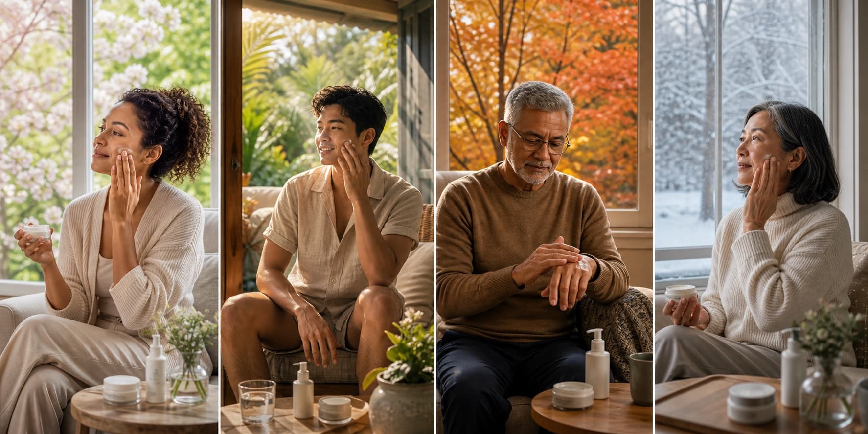Four seasonal home scenes with diverse people adjusting skin care through spring, summer, fall, and winter.